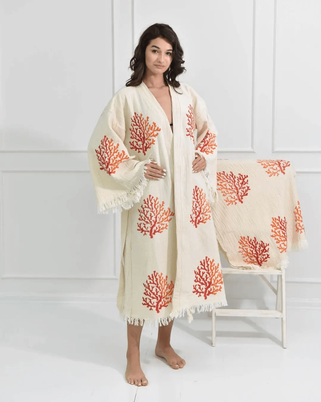 🍂 Fall Coral Chic - PUER AETERNUS Luxe Organische Katoenen Kimono & Badjas 🌸