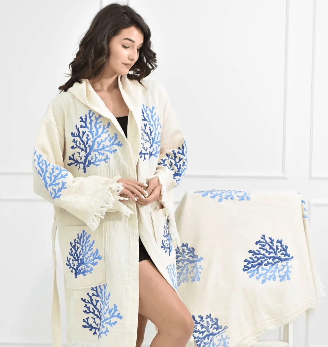 🌌 Indigo Coral Chic - PUER AETERNUS Luxe Organische Katoenen Kimono & Badjas 🌸